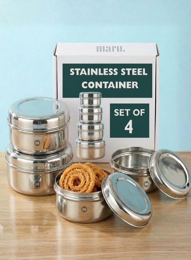 MARU Fridge Storage Containers Stainless Steel set of 4 ((250ml, 450ml, 600ml, 850ml) - Small Round Airtight Food Storage Container, Multipurpose Kitchen Boxes for Leftovers Food, Roti, Chapati & Atta - Image 1